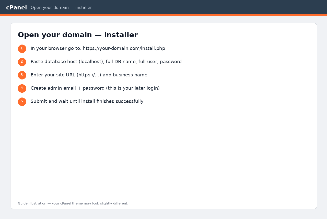Installer form: enter domain and database details